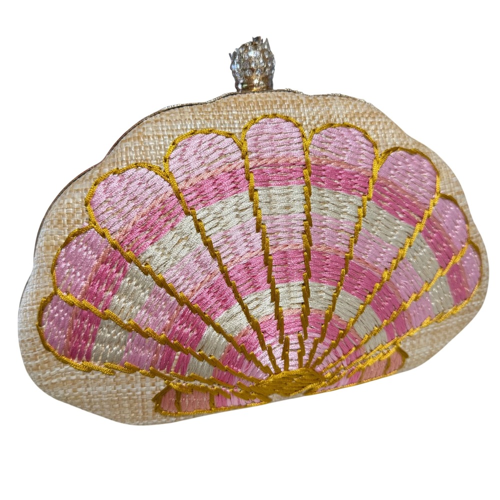 Haute Hippie Shell Clutch Women Pink Embroidered Coastal Resortwear Boho Wedding